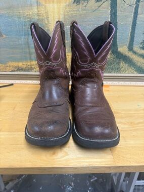 Justin Gypsy Brown Leather womens Western Work Boots w Pink Stitching size 11B